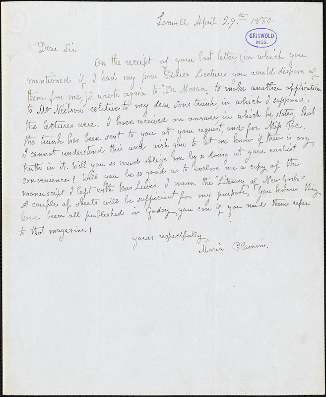 Maria (Poe) Clemm, Lowell., autograph letter signed to R. W. Griswold, 29 April 1850