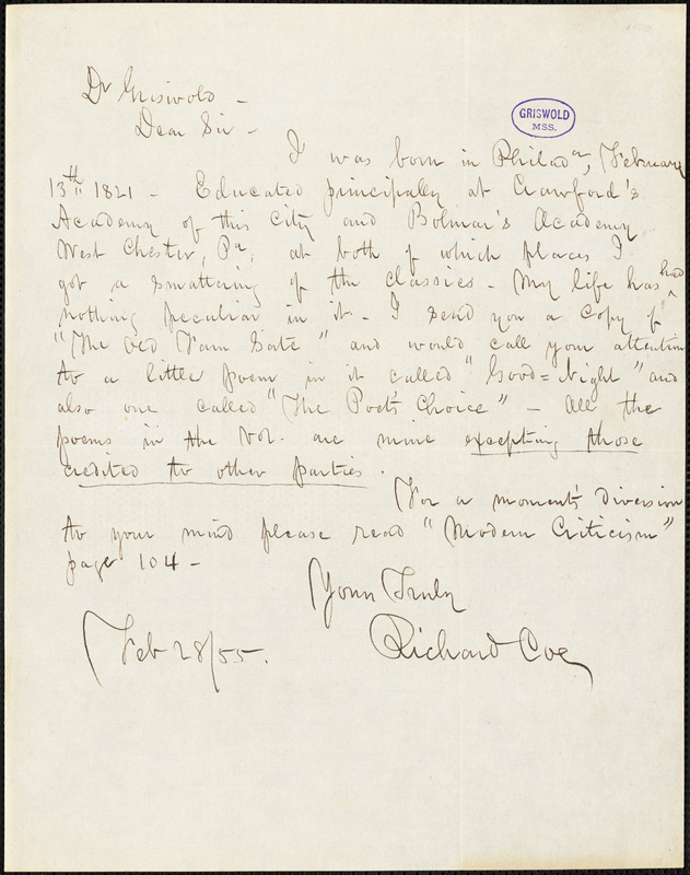 Richard Coe autograph letter signed to R. W. Griswold, 28 February 1855