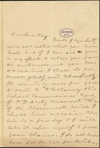 William Turner Coggeshall, Cincinnati, OH., autograph letter signed to [Alice] Cary [after 1854?]