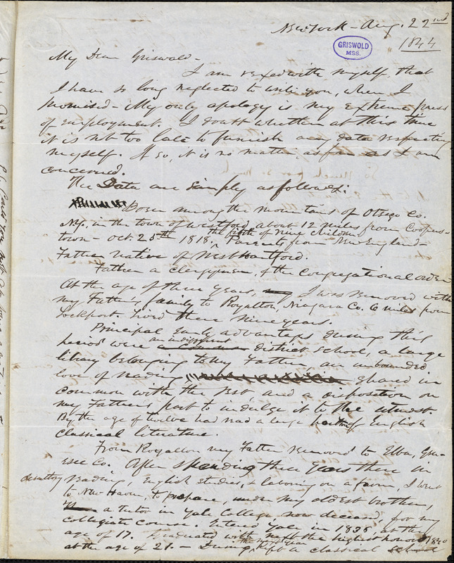 George Hooker Colton, New York, autograph letter signed to R. W. Griswold, 22 August 1844