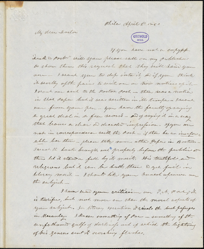 Walter Colton, Philadelphia, PA., autograph letter signed to R. W. Griswold, 2 April 1850