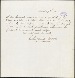 Clarence Chatham Cook autograph letter signed to R. W. Griswold, 29 March 1852