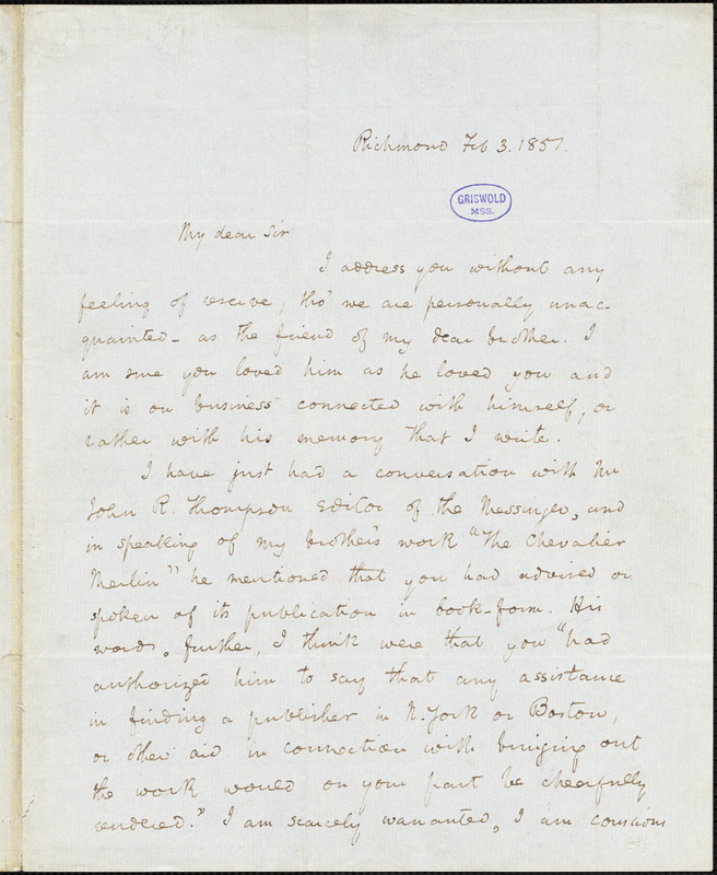 John Esten Cooke, Richmond, VA., autograph letter signed to R. W. Griswold, 3 February 1851