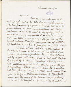 John Esten Cooke, Richmond, VA., autograph letter signed to R. W. Griswold, 24 April 1851