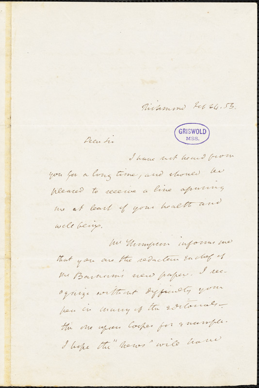 John Esten Cooke, Richmond, VA., autograph letter signed to R. W. Griswold, 24 February 1853
