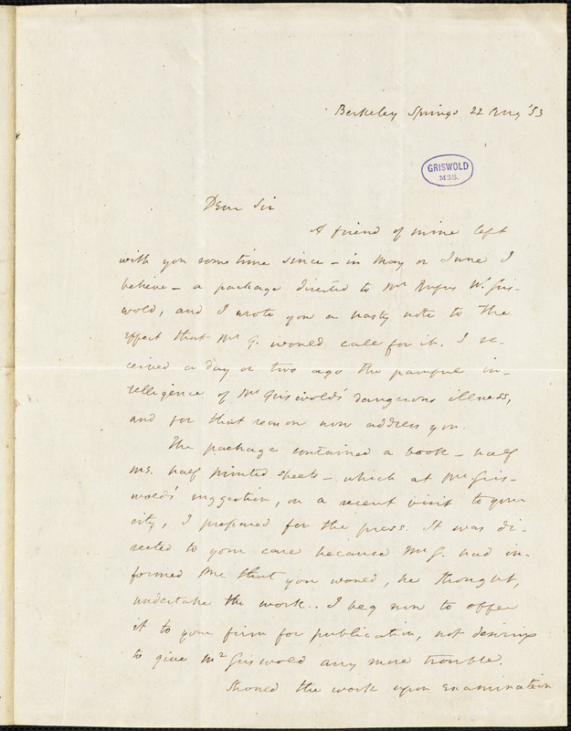John Esten Cooke, Berkeley Springs, VA., autograph letter signed to Justus Starr Redfield, 22 August 1853
