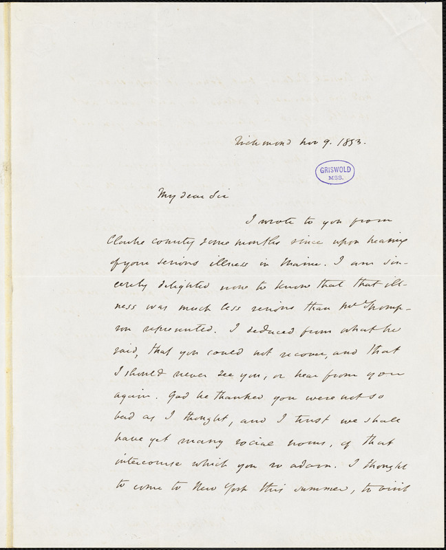 John Esten Cooke, Richmond, VA., autograph letter signed to R. W. Griswold, 9 November 1853