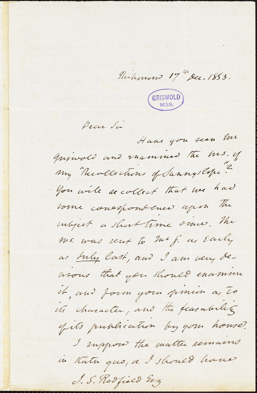 John Esten Cooke, Richmond, VA., autograph letter signed to Justus Starr Redfield, 17 December 1853
