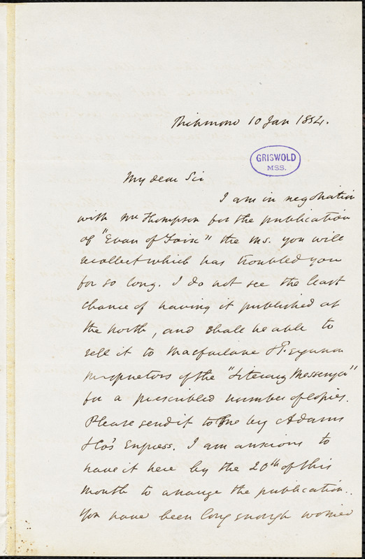 John Esten Cooke, Richmond, VA., autograph letter signed to R. W. Griswold, 10 January 1854