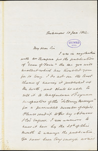 John Esten Cooke, Richmond, VA., autograph letter signed to R. W. Griswold, 10 January 1854