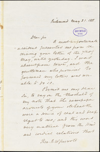 John Esten Cooke, Richmond, VA., autograph letter signed to R. W. Griswold, 21 May 1855