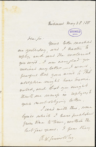 John Esten Cooke, Richmond, VA., autograph letter signed to R. W. Griswold, 28 May 1855