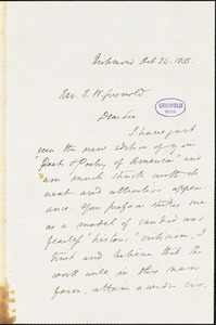 John Esten Cooke, Richmond, VA., autograph letter signed to R. W. Griswold, 24 October 1855