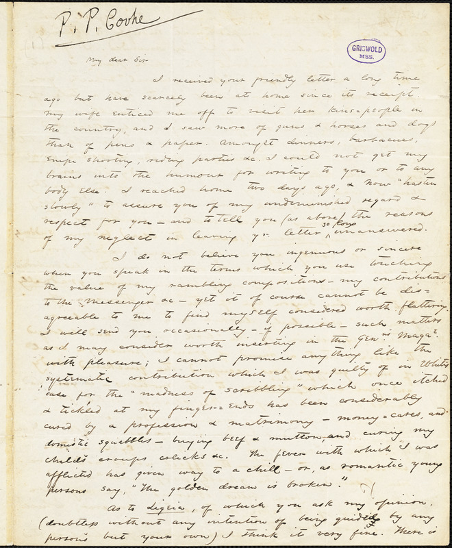 Philip Pendleton Cooke, Charlestown, VA., autograph letter signed to Edgar Allan Poe, 16 September 1839