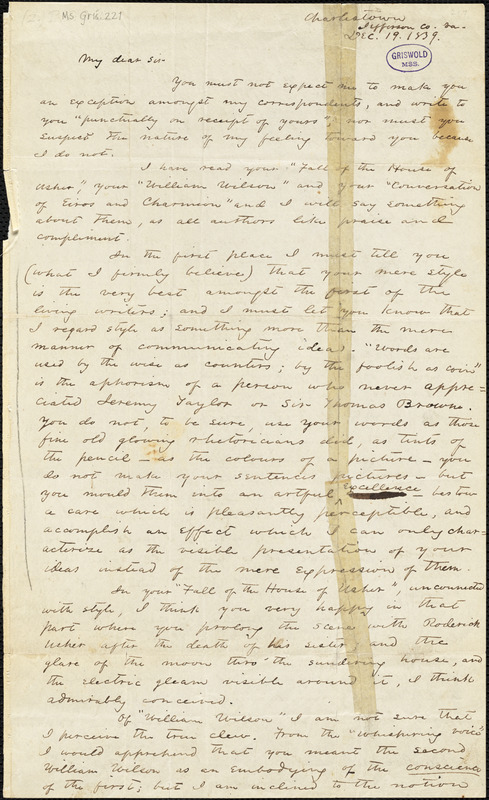 Philip Pendleton Cooke, Charlestown, VA., autograph letter signed to Edgar Allan Poe, 19 December 1839