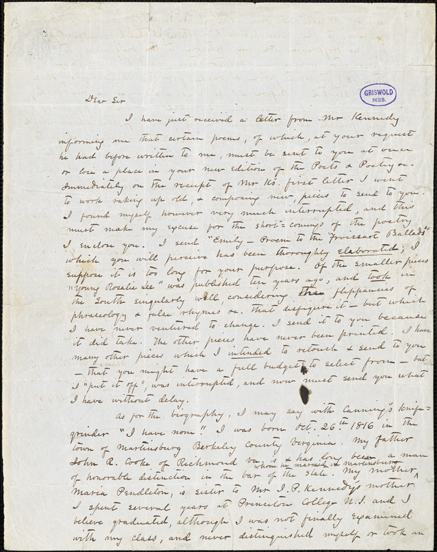 Philip Pendleton Cooke, Vineyard near Millwood, VA., autograph letter signed to R. W. Griswold, 15 October 1845