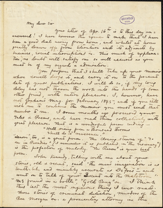 Philip Pendleton Cooke, Near Millwood, VA., autograph letter signed to Edgar Allan Poe, 4 August 1846