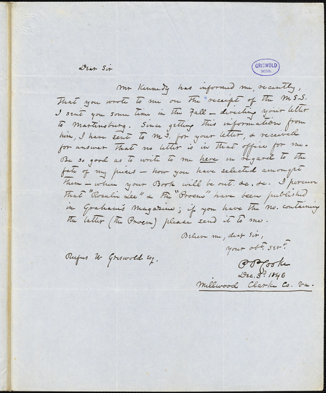 Philip Pendleton Cooke, Millwood, VA., autograph letter signed to R. W. Griswold, 3 December 1846