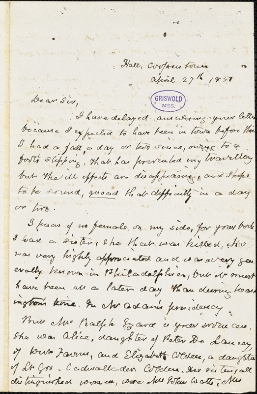 James Fenimore Cooper, Hall, Cooperstown, NY., autograph letter signed to R.W. Griswold, 27 April 1851