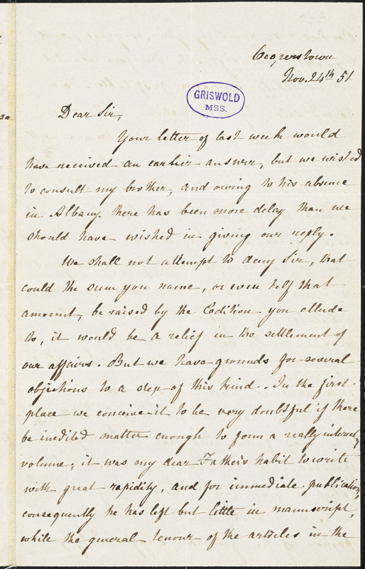 Susan Augusta Cooper, Cooperstown, NY., autograph letter signed to R. W. Griswold, 24 November 1851