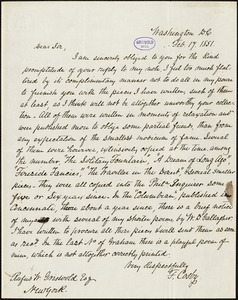 Fortunatus Cosby, Washington, DC., autograph letter signed to R. W. Griswold, 17 February 1851