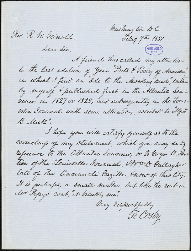 Fortunatus Cosby, Washington, DC., autograph letter signed to R. W. Griswold, 7 February 1857