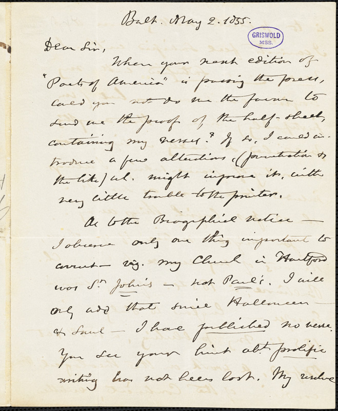 Arthur Cleveland Coxe, Baltimore, MD., autograph letter signed to R. W. Griswold, 2 May 1855