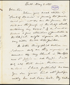 Arthur Cleveland Coxe, Baltimore, MD., autograph letter signed to R. W. Griswold, 2 May 1855