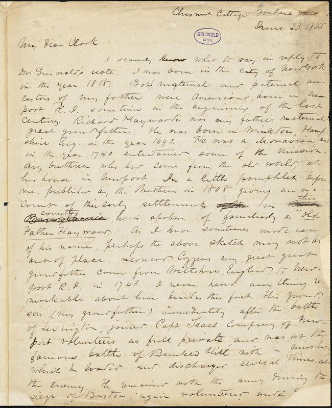 Frederick Swartwout Cozzens, Yonkers, NY., autograph letter signed to [Lewis Gaylord?] Clark, 23 June 1855