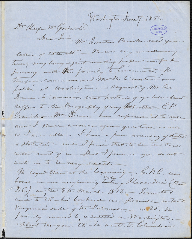 John Cranch, Washington, DC., autograph letter signed to R. W. Griswold, 7 June 1855
