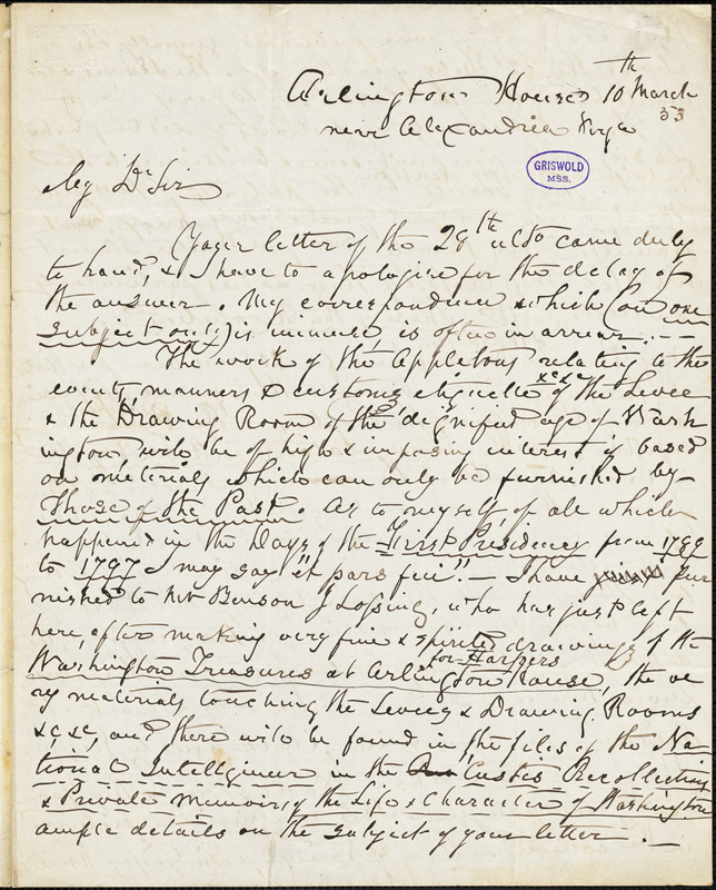 George Washington Parke Custis, Alexandria, VA., autograph letter signed to R. W. Griswold, 10 March 1853