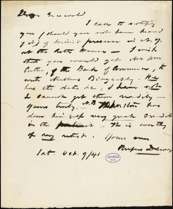 Rufus Dawes autograph letter signed to R. W. Griswold, 9 October 1841