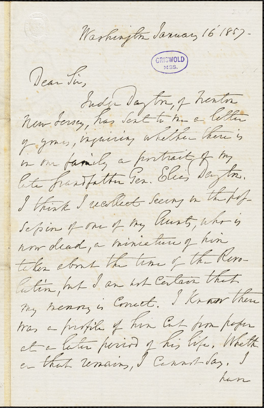 Aaron Ogden Dayton, Washington, DC., autograph letter signed to R. W. Griswold, 16 January 1857