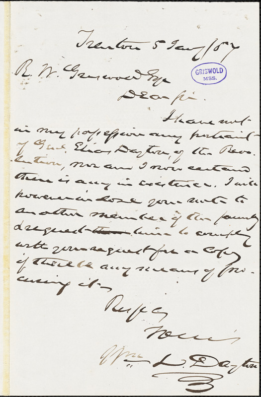 William Lewis Dayton, Trenton, NJ., autograph letter signed to R. W. Griswold, 5 January 1857