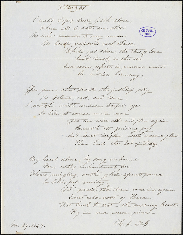 H. S. de G. manuscript poem, 29 December 1849: "I walk Life's dreary path alone."