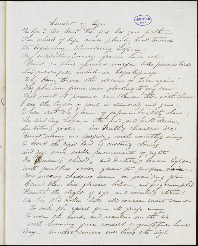 H. S. de G., New York, manuscript poem, 11 January 1850: "Lament of Age."