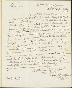 Thomas Roderick Dew, William and Mary College., autograph letter signed to Edgar Allan Poe, 31 October 1836