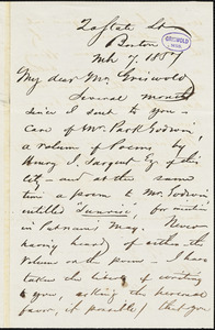 George W. Dewey, Boston, MA., autograph letter signed to R. W. Griswold, 7 March 1857