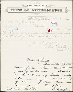 F. A. Dillingham, North Attleboro, MA., autograph letter signed to [W. M.?] Griswold, 8 March 1894