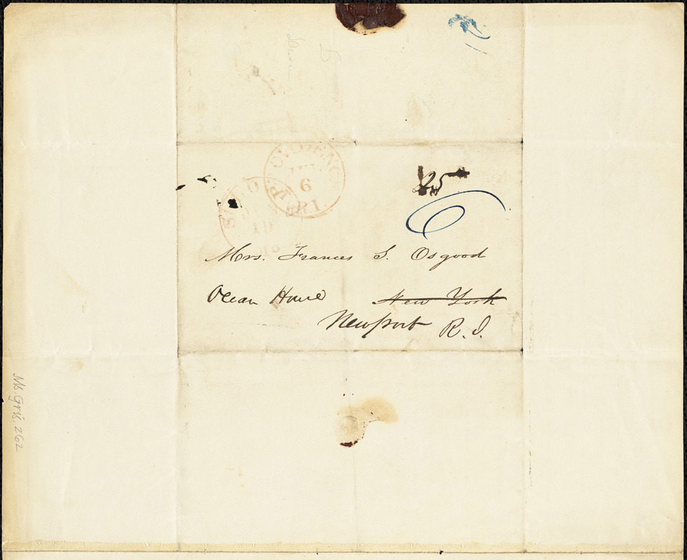 Anna Peyre (Shackleford) Dinnies, St. Louis, MO., autograph letter signed to Frances Sargent (Locke) Osgood, 19 June 1844