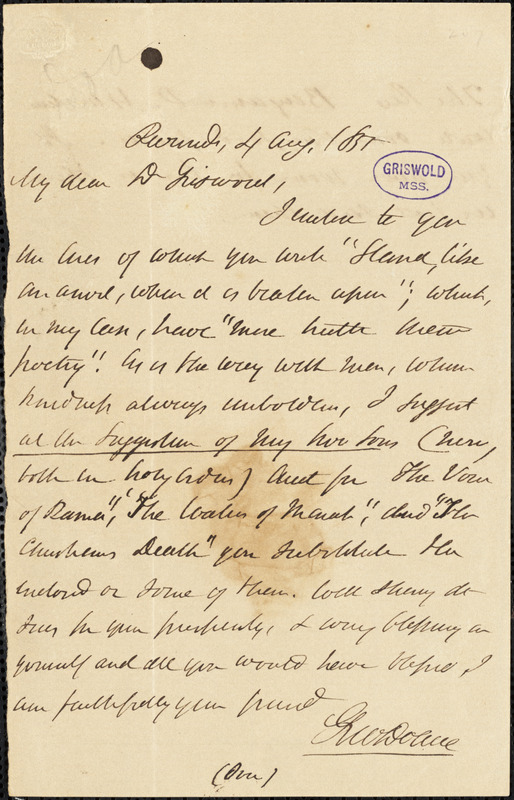 George Washington Doane, Riverside, autograph letter signed to R. W. Griswold, 4 August 1851