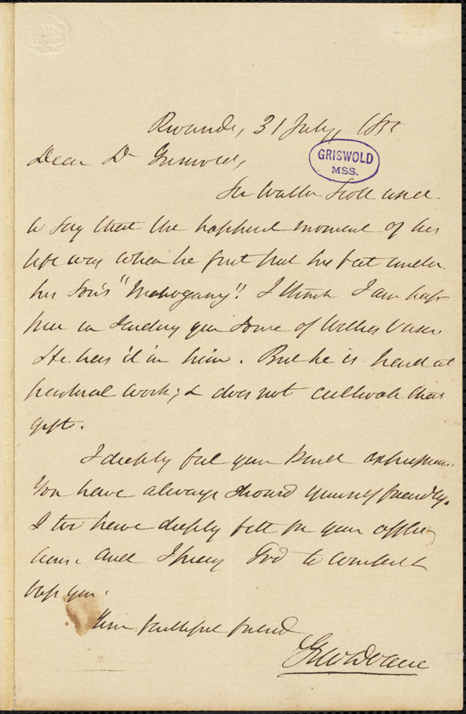 George Washington Doane, Riverside, autograph letter signed to R. W. Griswold, 31 July 1855