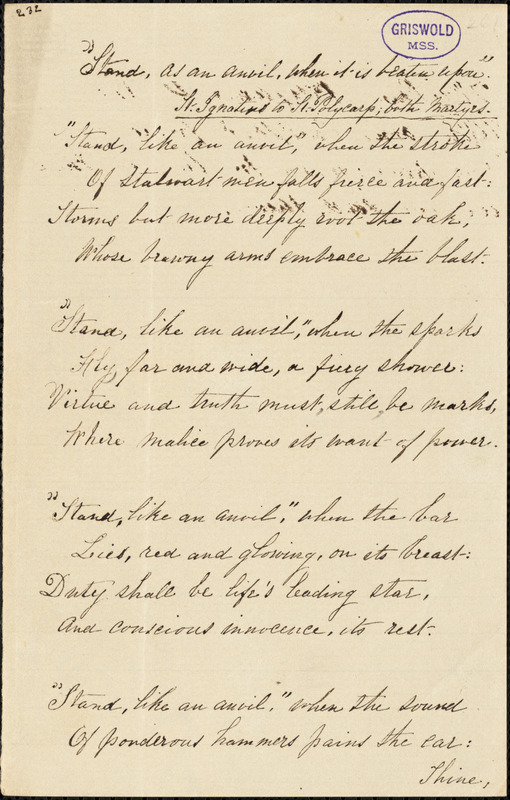 George Washington Doane manuscript poem, [1851?]: "Stand as an anvil, when it is beaten upon."