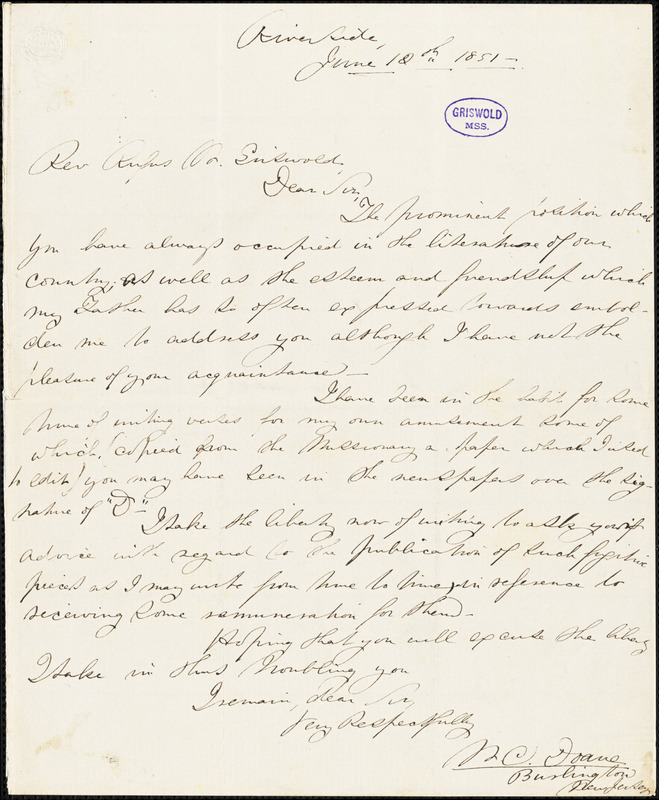 William Croswell Doane, Riverside, autograph letter signed to R. W. Griswold, 12 June 1851