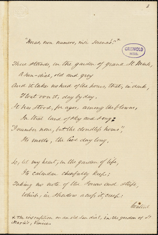 William Croswell Doane manuscript poem, [1855?]: "Horas non numero, nisi serenas" and "To a Violet."