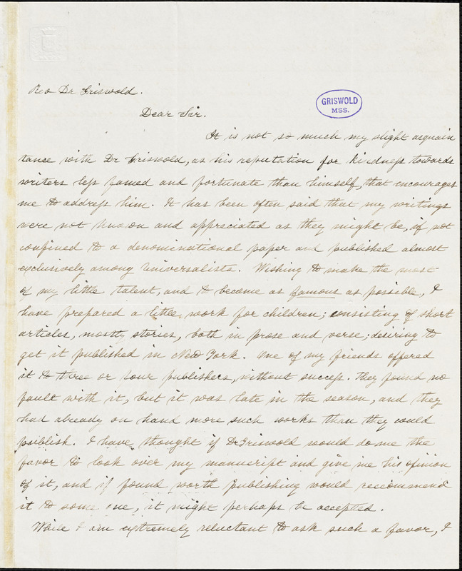 Mary Ann Hanmer Dodd, New York, autograph letter signed to R. W. Griswold, 11 January 1854