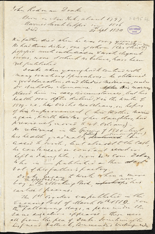 Joseph Rodman Drake manuscript