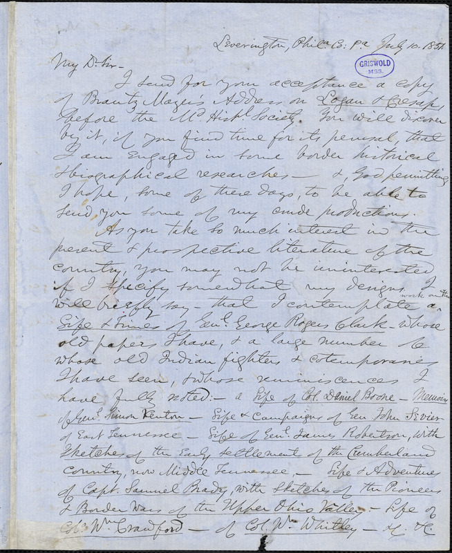 Lyman Copeland Draper, Leverington, PA., autograph letter signed to R. W. Griswold, 10 July 1851