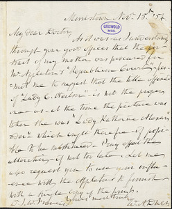 William Alexander Duer, Morristown, NJ., autograph letter signed to John Wakefield Francis, 15 November 1854