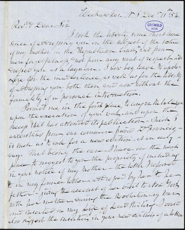 William Alexander Duer, Weehawken, NJ., autograph letter signed to R. W. Griswold, 11 December 1854